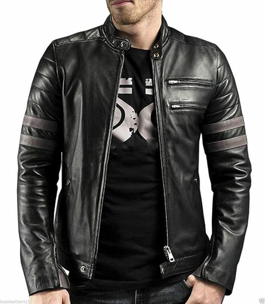 ジャケット・アウター Vintage Leather Jacket Stripe Mens Black Cafe Racer Vintage Motorcycle White Stripes